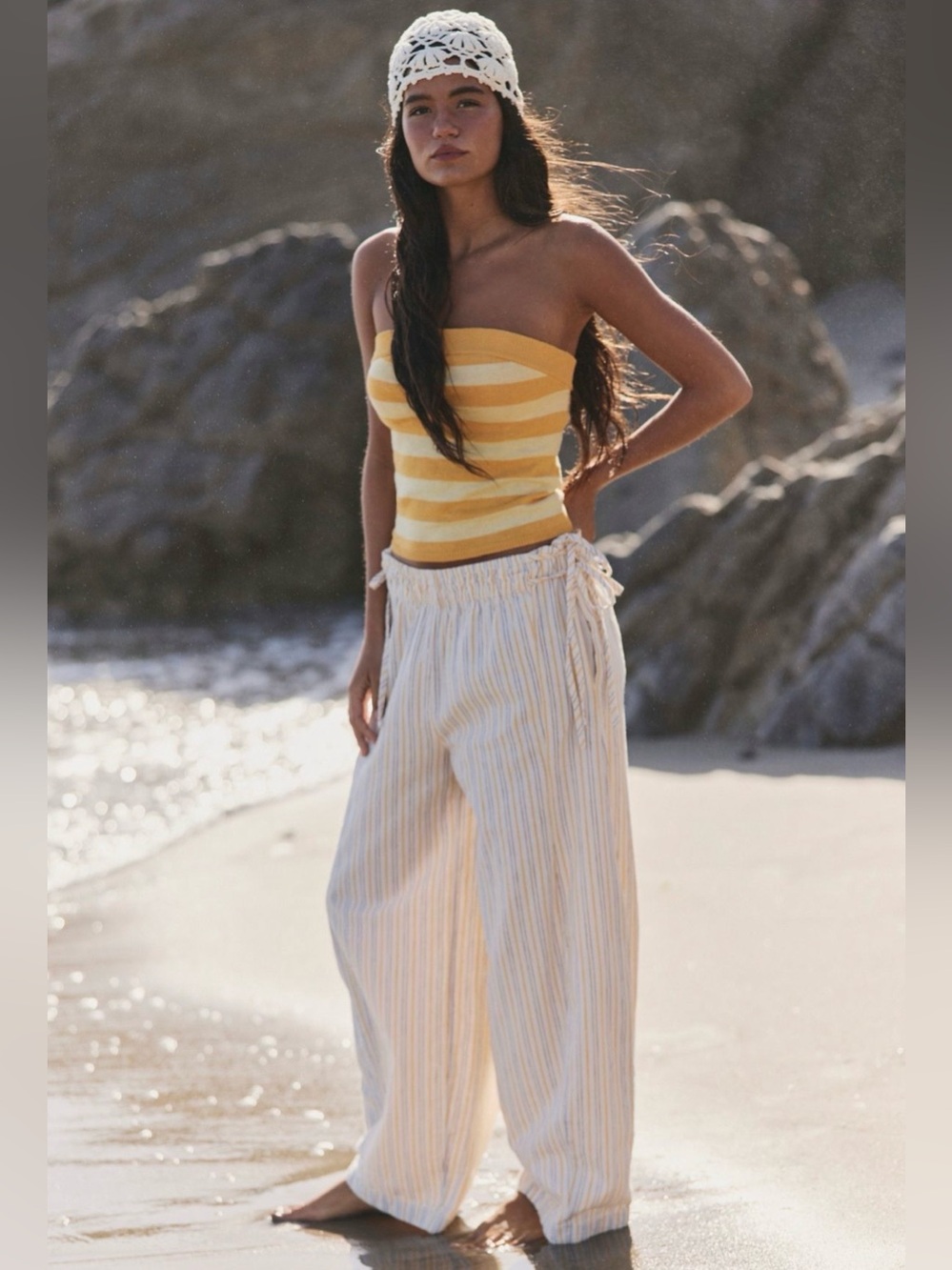 NWT Free People Sun Dazed Linen Striped Pants ivory